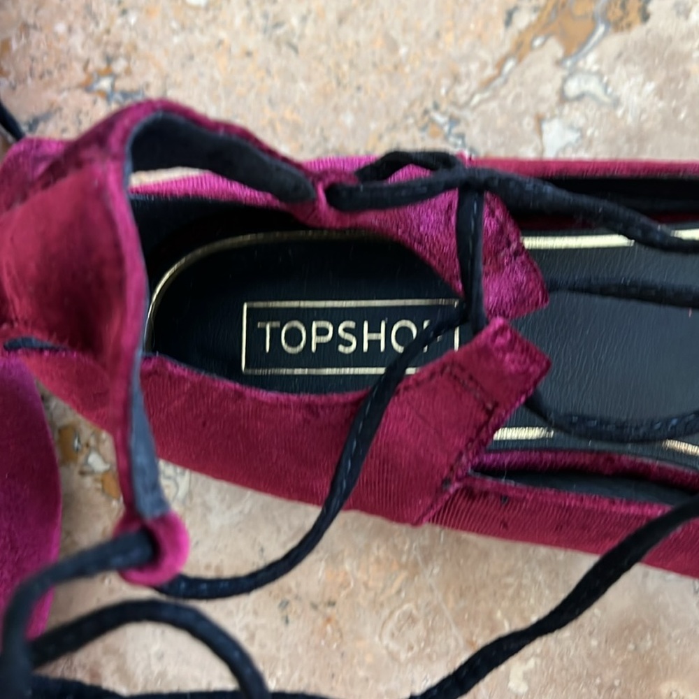 Topshop Ghilli Purple Velour Velvet Pointed Ballet Flats with Poms Ties - Picture 6 of 6